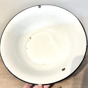 Vtg Enamelware Basin White Black Rim Farmhouse Wash Bowl 12.75" Rustic Hangable